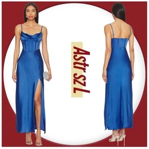 NWOT ASTR THE LABEL Blue Satin Maxi Dress Bustier sz L